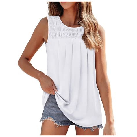 Hwmodou Women Tank Tops Summer Pleated Crew Neck Sleeveless Tops Ladies