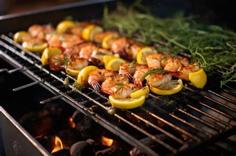 Premium Ai Image Delicious Shrimp Skewers With Lemon On Grill Grate Created With Generative Ai