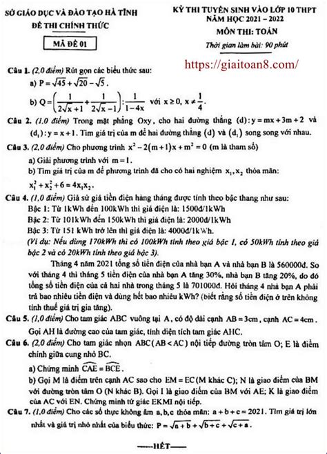 Đề Thi Vào Lớp 10 Môn Toán Sở GdandĐt Hà Tĩnh Năm Học 2021 2022