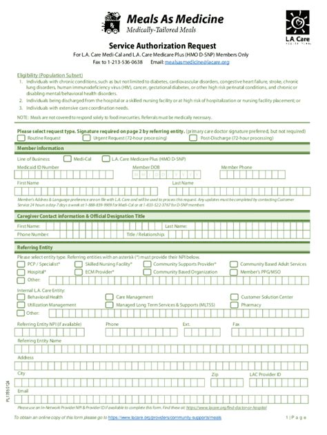 Fillable Online Meals As Medicine Service Authorization Request Meals