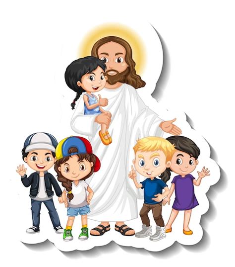 Jezus Christus Met Kinderen Groep Sticker Op Witte Achtergrond Gratis