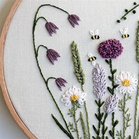 Wildflowers Meadow Embroidery Pattern Flowers And Herbs Heart Hand