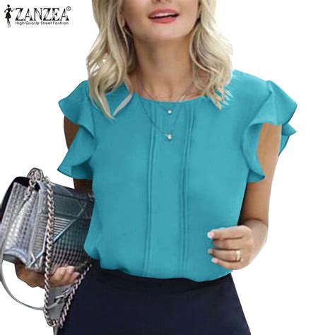 Zanzea Women Vintage Daily Ruffled Sleeveless Crew Neck Striped Blouses