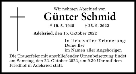 Traueranzeigen von Günter Schmid Augsburger Allgemeine Zeitung