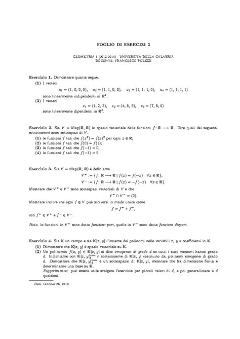 Geometria 1 Esercizi Foglio 2 2013 2014 FOGLIO DI ESERCIZI 2