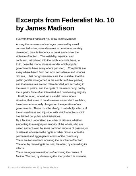 Excerpts From Federalist No 10 By James Madison Excerpts From