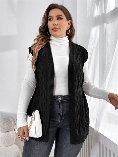 SHEIN LUNE Plus Double Pocket Cable Knit Sleeveless Cardigan SHEIN USA