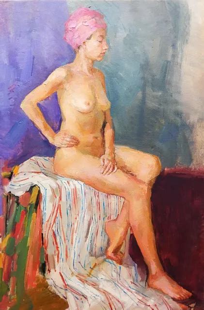 NUDE WOMEN FEMALE Portrait Original Oil Painting On Canvas Soviet