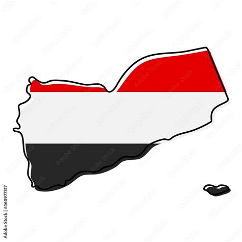 Stylized outline map of Yemen with national flag icon. Flag color map ...