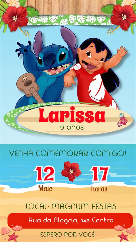 Convite Aniversário Lilo e Stitch Pool Party Edite grátis nosso