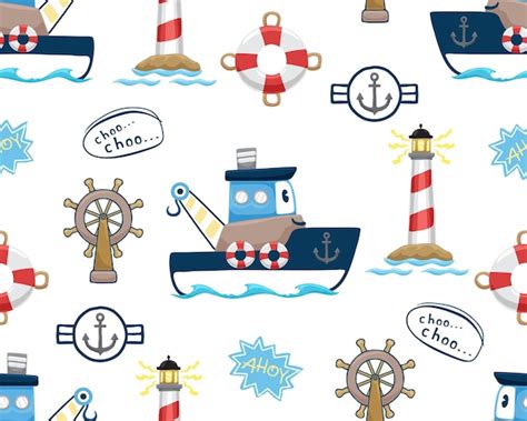 Premium Vector Seamless Pattern Vector Of Funny Boat Cartoon With