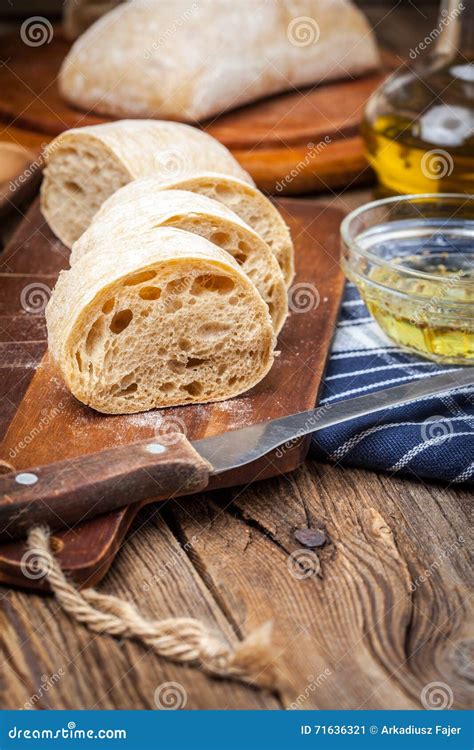 Sliced Ciabatta Bread On Cutting Board Stock Image Image Of