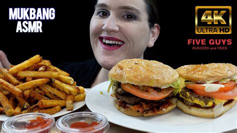 Asmr Mukbang Five Guys Bacon Cheese Burgers And Cajun Fries Eating Sounds 먹방 Voluptasasmr