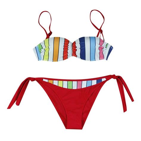 Womens String Bikini Set Rainbow Stripe Printed Bathing Suit Swimwear