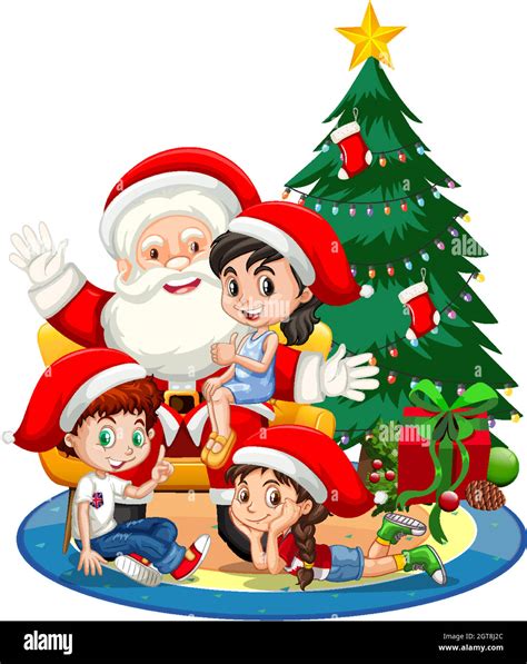 Santa Claus Sitting On A Lap With Many Kids And Christmas Tree On White