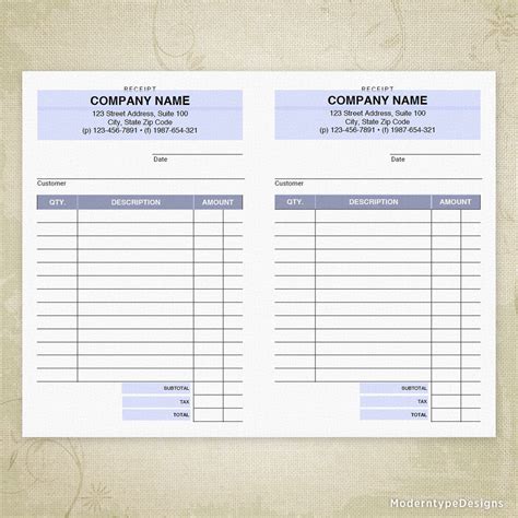 Receipt Printable Editable For 55 X 85 Half Sheet Moderntype Designs