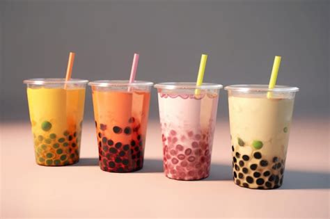 Premium Ai Image Plastic Cups Of Different Tasty Bubble Tea Row Of Fresh Boba Bubble Tea