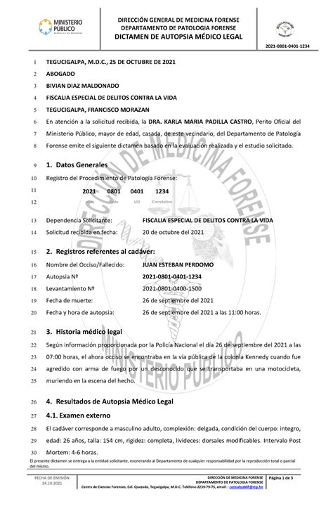 Dictamen De Autopsia Direccin General De Medicina Forense