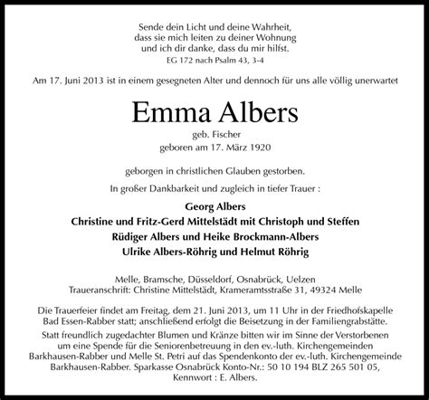 Traueranzeigen Von Emma Albers Noz Trauerportal