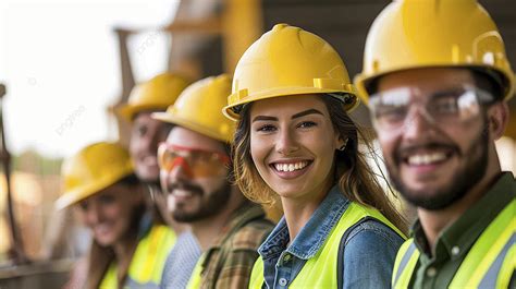 Fondo Un Grupo De Trabajadores De La Construcción Sonrientes Con Cascos