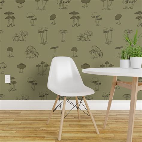 Pre Pasted Wallpaper 2FT Wide Cute Green Mushrooms Forest Olive