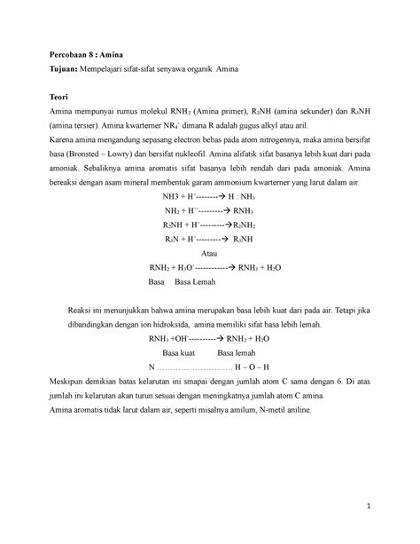 Praktikum Kimia Dasar Percobaan 8 Amina Percobaan 8 Amina Tujuan