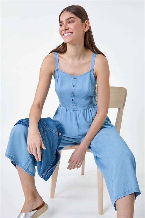 Blue Denim Shirred Back Strappy Jumpsuit Roman UK