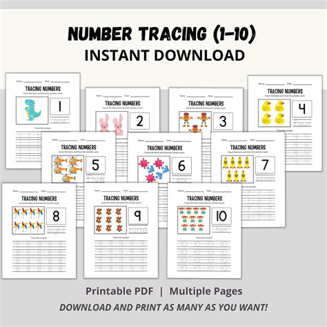 Number Tracing 1 10 Preschool Worksheets Kindergarten Etsy