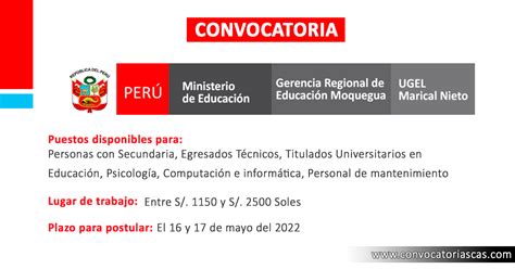 Convocatoria Ugel Mariscal Nieto [cas] 5 Plazas Educación Psicología Computación E