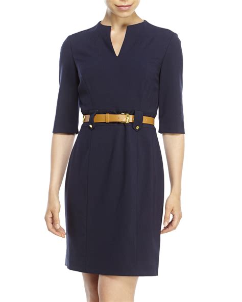 Tahari Tahari By Arthur S Levine Petite V Neck Belted Sheath Dress In