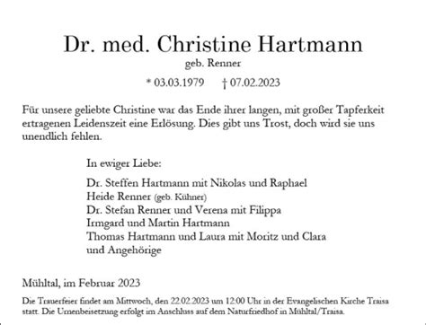 Traueranzeigen Von Christine Hartmann Vrm Trauer De