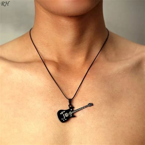 Guitar Pendant Necklace 316L Stainless Steel Mens Chain Necklace