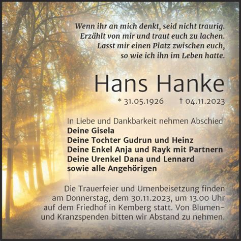 Traueranzeigen Von Hans Hanke Abschied Nehmen De