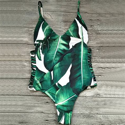 Sexy Spaghetti Strap Leaf Print Cut Out Backless Swimsuit For Women In