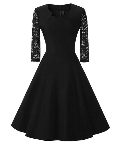 Womens Retro 34 Lace Sleeve Fit And Flare A Line Midi Cocktail Party Dress Black