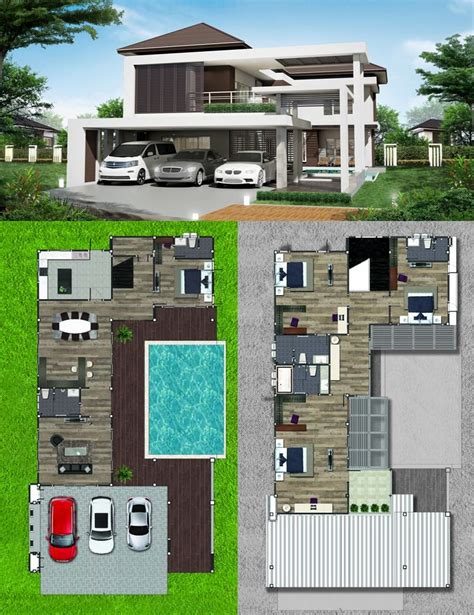 Modern 2 Story House Floor Plans With Pool - Kremi Png