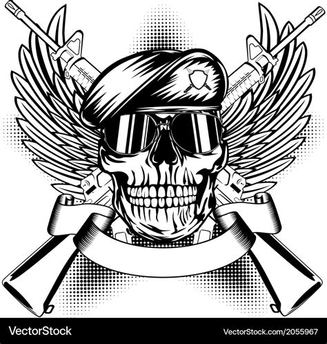 Skull In Beret And Two Automatic Guns Royalty Free Vector