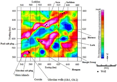 Residual Gravity Map With Location Of Qeshm Region Anomalies