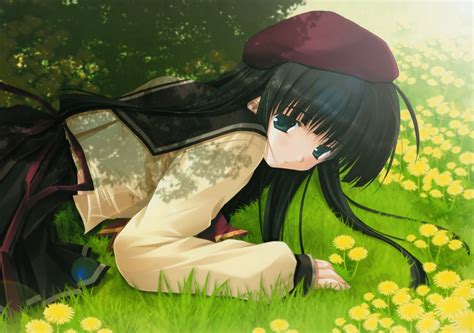 Wallpaper Illustration Anime Girls Grass Lying Down School