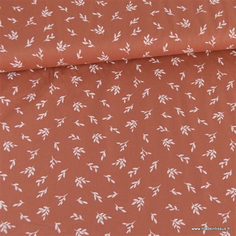 Tissu Popeline Motifs Petites Feuilles Fond Marsala Oeko Tex