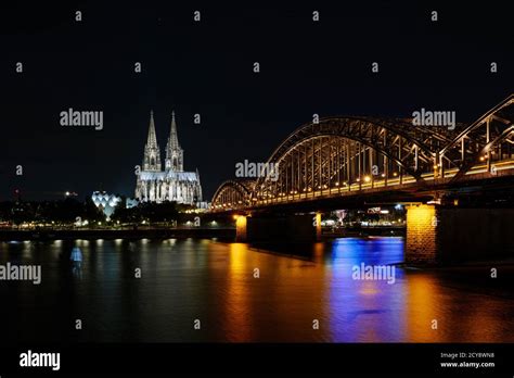 Night Scenery Of Köln Old Town And Riverside Of Rhein River With