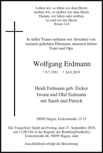 Traueranzeigen Von Wolfgang Erdmann Trauer In Nrw De