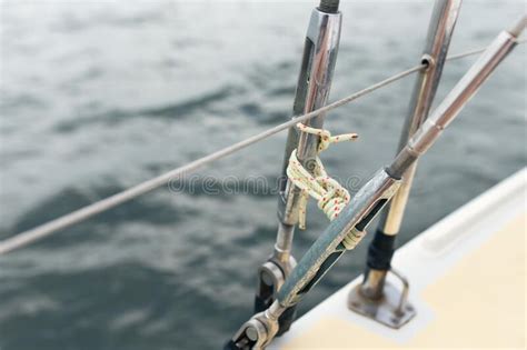 Yacht Accessories Rope On The Metal Rope Of The Boat Stock Photo