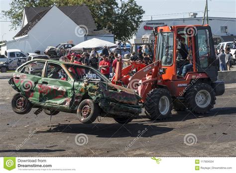 Wrecked Car Removed With A Tractor After Demolition Derby Editorial