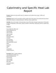 Calorimetry And Specific Heat Report Docx Calorimetry And Specific