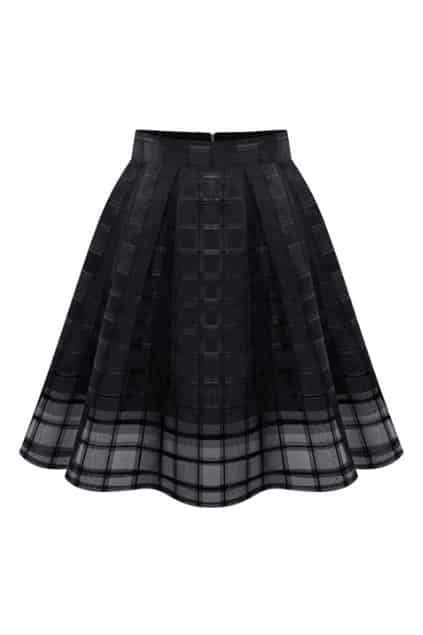 Romwe Plaid Mesh Pleated A Line Elastic Black Skirtfor Women Romwe