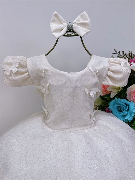 Vestido Infantil Marfim Aplique Borboleta Glitter Pérola Rosa