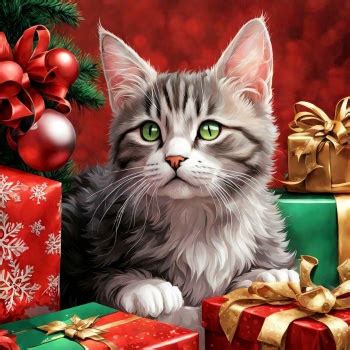 Solve Pretty Grey Tabby Cat And Presents Resize To Pieces Jigsaw