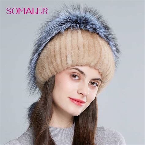 Cheap Somaler Real Mink Fur Pompom Hat Female Fashion Fox Fur Winter Hats For Women Thick Warm