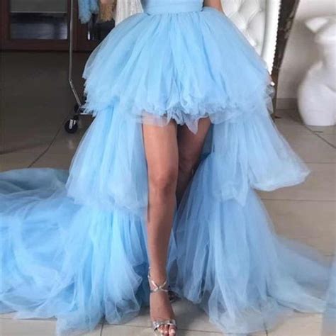 2019 Chic High Low Blue Tiered Tutu Skirts Women To Party Ruffles Long